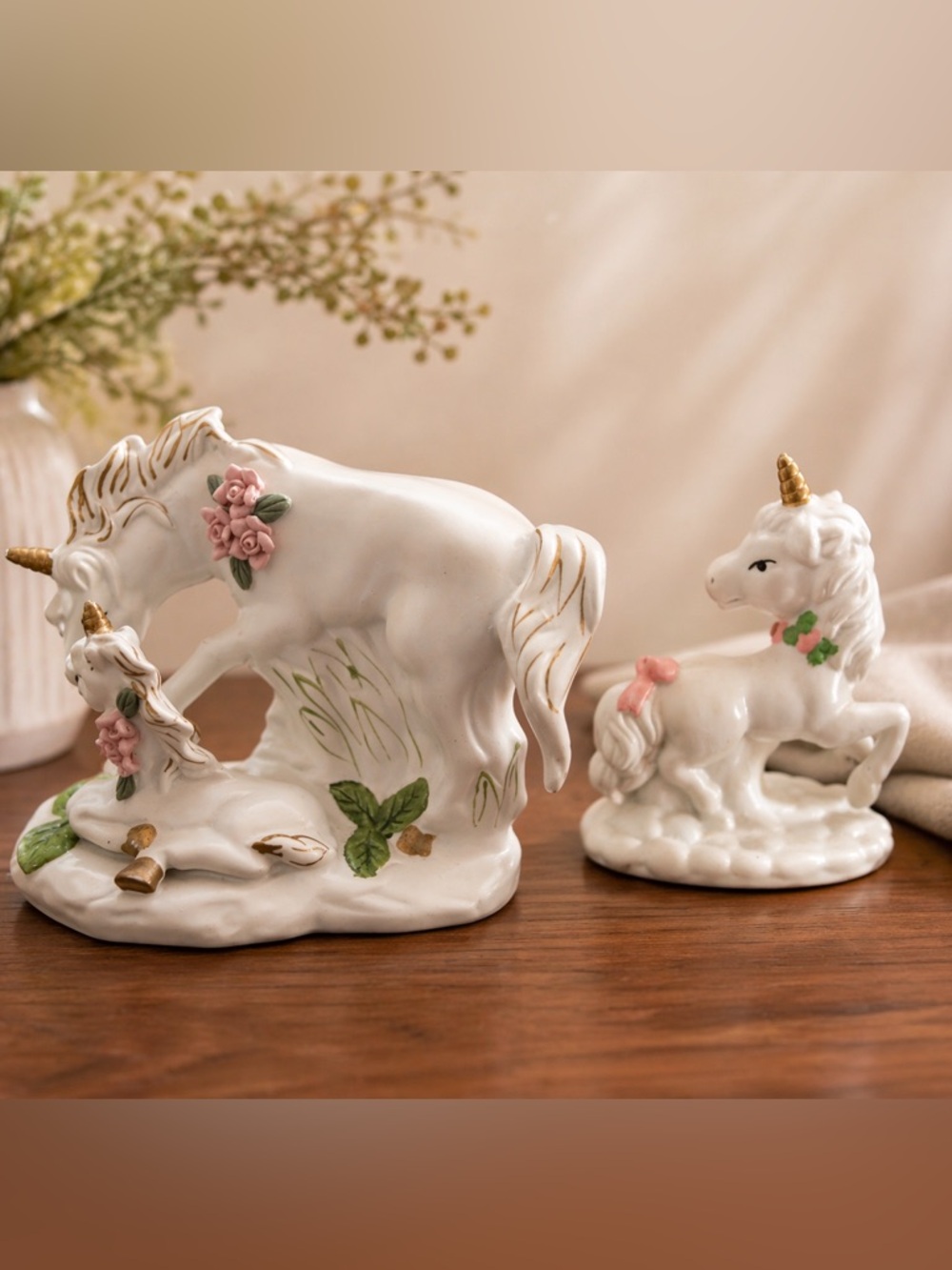 Vintage Unicorn Figurines Mother & Foal + Single Unicorn Pink Roses Gold Accents